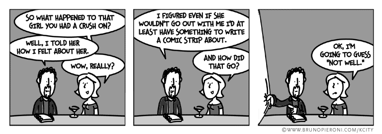 So what happened to that girl you had a crush on? --I told her how I felt about her. I figured even if she wouldn't go out with me I'd at least have something to write a comic strip about. --And how did that go? --I'm going to guess 'not well.'